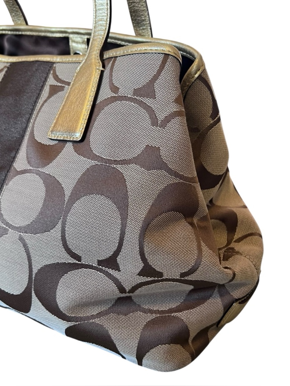 Coach Khaki Gold Y2K Vintage Kisslock Signature Stripe Framed Carryall Tote Bag - Picture 6 of 15